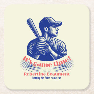Vintage Blue Baseball Player Men's 50th Birthday Square Paper Coaster