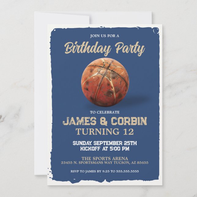 Vintage Blue Basketball Any Age Birthday Party Invitation (Front)