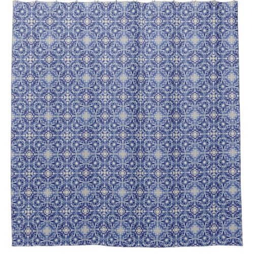 Vintage Blue Bathroom _ Cobalt  Off_White Tiles Shower Curtain