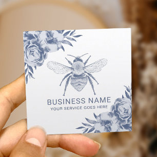 Vintage Blue Bee & Flowers Apiary Beekeeper Square Business Card