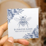 Vintage Blue Bee & Flowers Apiary Beekeeper Square Business Card<br><div class="desc">Vintage Blue Bee & Flowers illustration Apiary Beekeeper Business Card.</div>