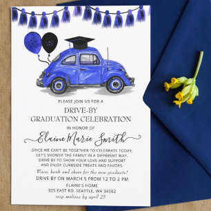Vintage Blue Beetle Balloons Drive By Graduation Invitation