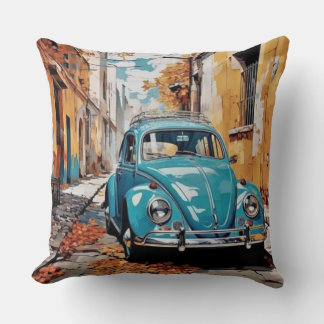 Vintage Blue Beetle Car Throw Pillow