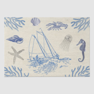 Vintage Blue Beige Marine Life on Antique Paper
