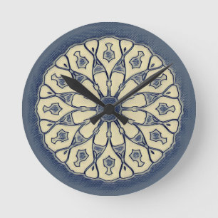 Vintage Blue–Beige Radial Mandala Ornament Round Clock