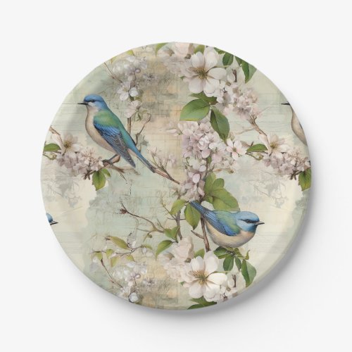 Vintage Blue Bird and Apple Blossom Whispers Paper Plates