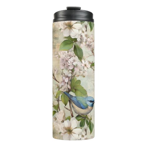 Vintage Blue Bird and Apple Blossom Whispers Thermal Tumbler