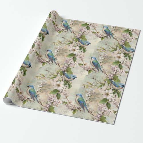 Vintage Blue Bird and Apple Blossom Whispers Wrapping Paper
