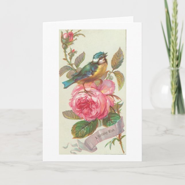 Vintage Blue Bird and Pink Flower Birthday Card (Front)