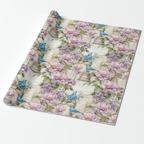 Vintage Blue Bird and Pink Magnolia Dreams Wrapping Paper