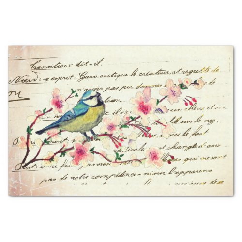Vintage Blue Bird Cherry Blossom Tree Decoupage Tissue Paper