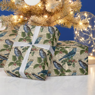 Vintage Blue Bird Holly Newsprint Christmas Wrapping Paper