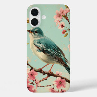 Vintage blue bird pink cherry blossom floral iPhone 16 plus case