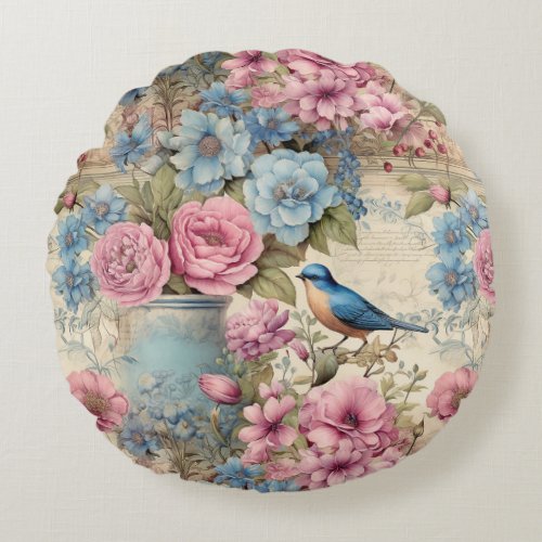 Vintage Blue Bird Serenade Round Pillow