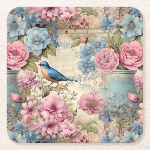 Vintage Blue Bird Serenade Square Paper Coaster