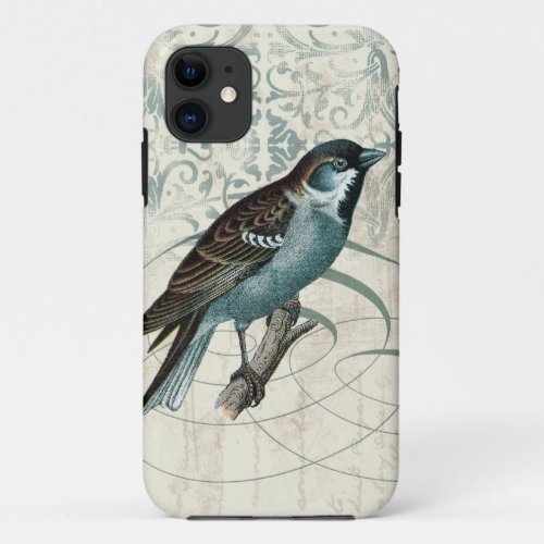 Vintage Blue Bird Songbird Song damask swirls iPhone 11 Case