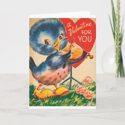 Vintage Blue Bird Violin Valentines Day Card