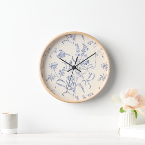 Vintage Blue Birds and Flowers Botanical  Clock