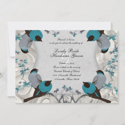 Vintage Blue Birds Birdbath Silver Wedding Invite
