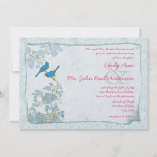 Vintage Blue Birds Damask Pink Font Wedding Invite