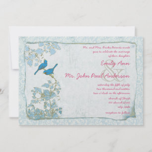 Vintage Blue Birds Damask Pink Font Wedding Invite