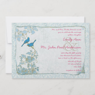 Vintage Blue Birds Damask Pink Font Wedding Invite