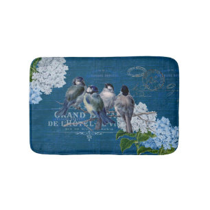 Vintage Blue Birds Flowers French Bath Mat