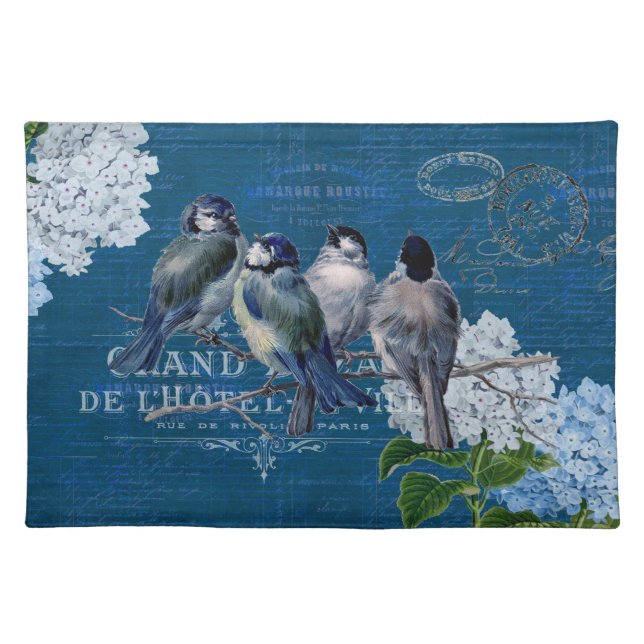 Vintage Blue Birds Flowers French Place Mat (Front)