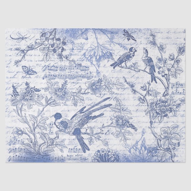 Vintage Blue Birds Flowers French Script  Tissue Paper (Front)