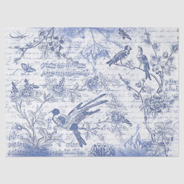 Blue Script Printer Paper Vintage Blue Birds Flowers French Script Tissue Paper | Zazzle
