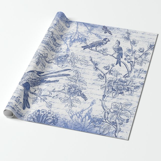 Vintage Blue Birds Flowers French Script  Wrapping Paper (Unrolled)