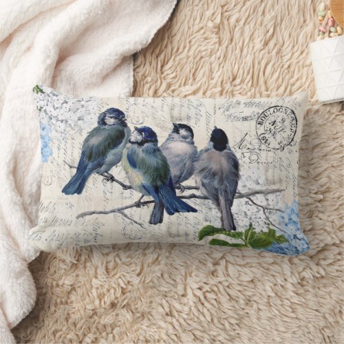 Vintage Blue Birds Flowers Italian Lumbar Pillow