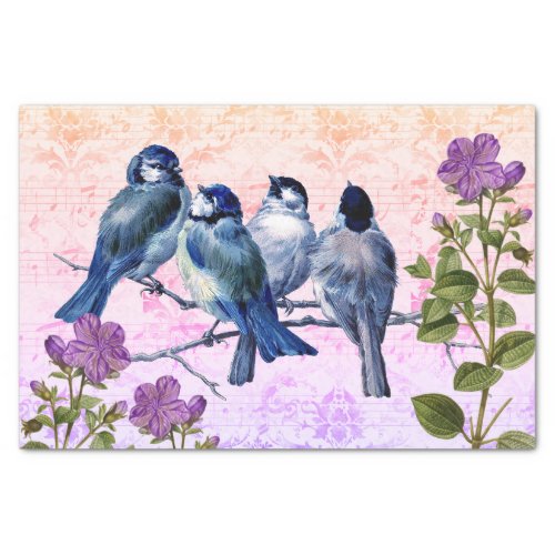 Vintage Blue Birds Flowers Orange_to_Purple Music Tissue Paper