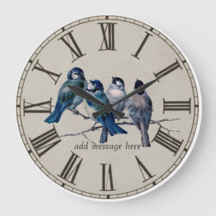 Vintage Blue Birds Illustrated Large Clock