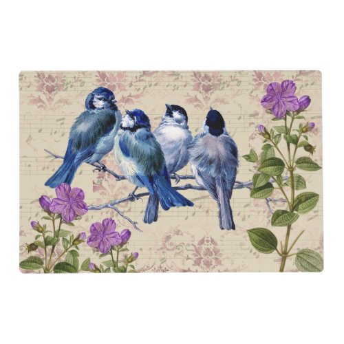 Vintage Blue Birds Purple Flowers Beige Music Placemat