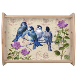 Vintage Blue Birds, Purple Flowers, Beige Music Serving Tray