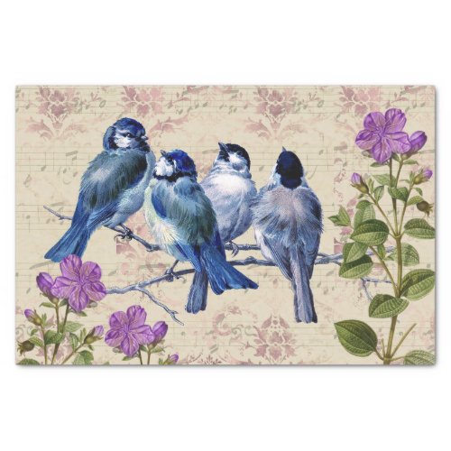 Vintage Blue Birds Purple Flowers Beige Music Tissue Paper