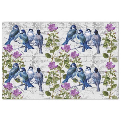 Vintage Blue Birds Purple Flowers Grey Music Tissue Paper