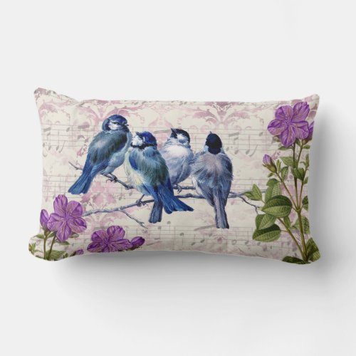 Vintage Blue Birds Purple Flowers Lavender Music Lumbar Pillow