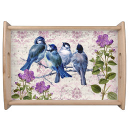 Vintage Blue Birds, Purple Flowers, Lavender Music Serving Tray