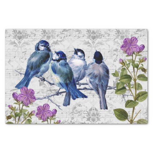 Vintage Blue Birds Purple Flowers Music Decoupage Tissue Paper