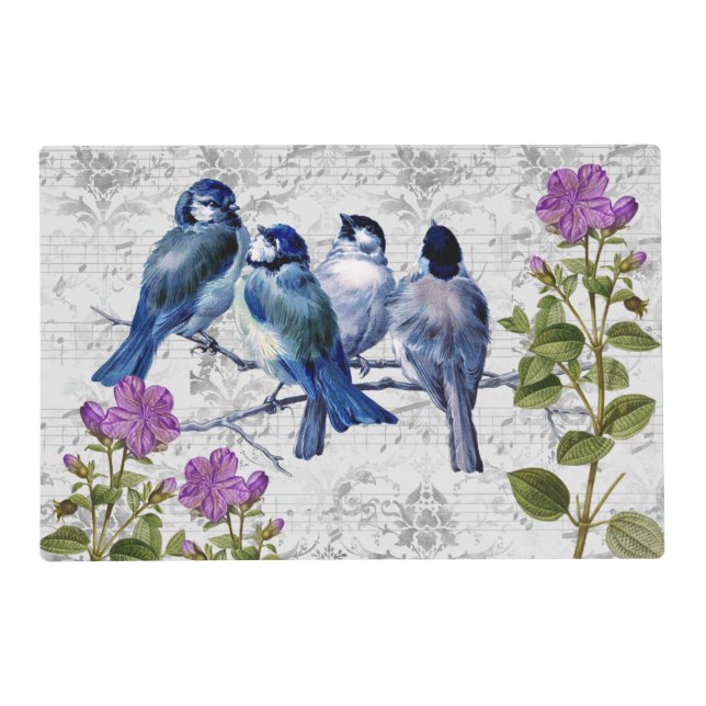 Vintage Blue Birds, Purple Flowers, Sheet Music Placemat (Front)