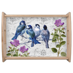 Vintage Blue Birds, Purple Flowers, Sheet Music Serving Tray