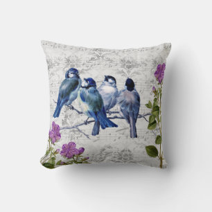 Vintage Blue Birds, Purple Flowers, Sheet Music Throw Pillow