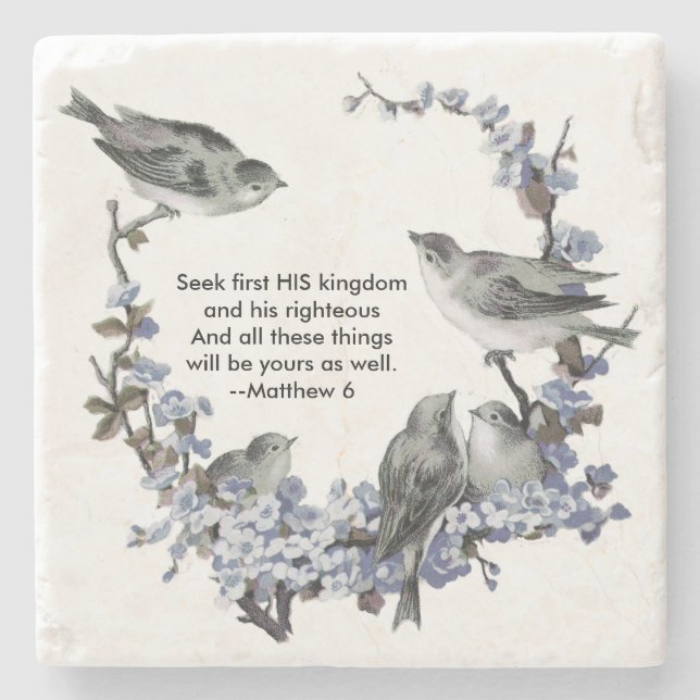 Vintage Blue Birds Scripture Stone Coaster (Front)