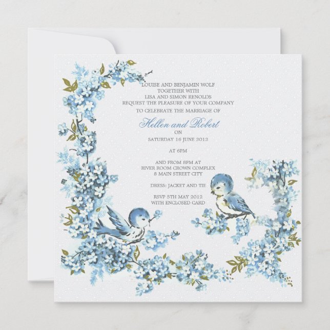 Vintage Blue Birds Winter Wedding Invitation (Front)