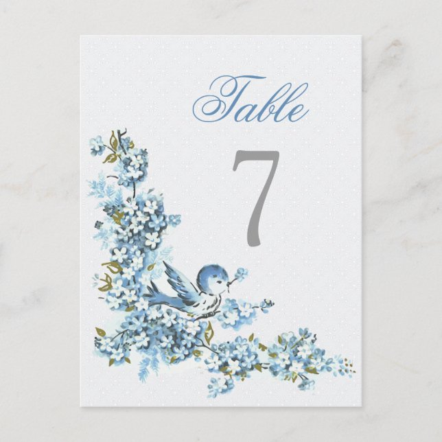 Vintage Blue Birds Winter Wedding Table Number (Front)