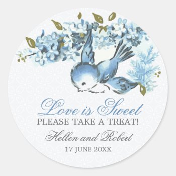 Vintage Blue Birds Winter Wedding Treat Favor Classic Round Sticker by jardinsecret at Zazzle