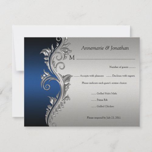 Vintage Blue Black and Silver Floral RSVP