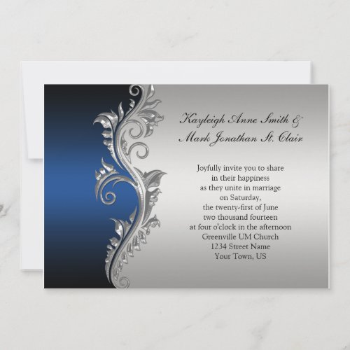 Vintage Blue Black and Silver Wedding Invitation